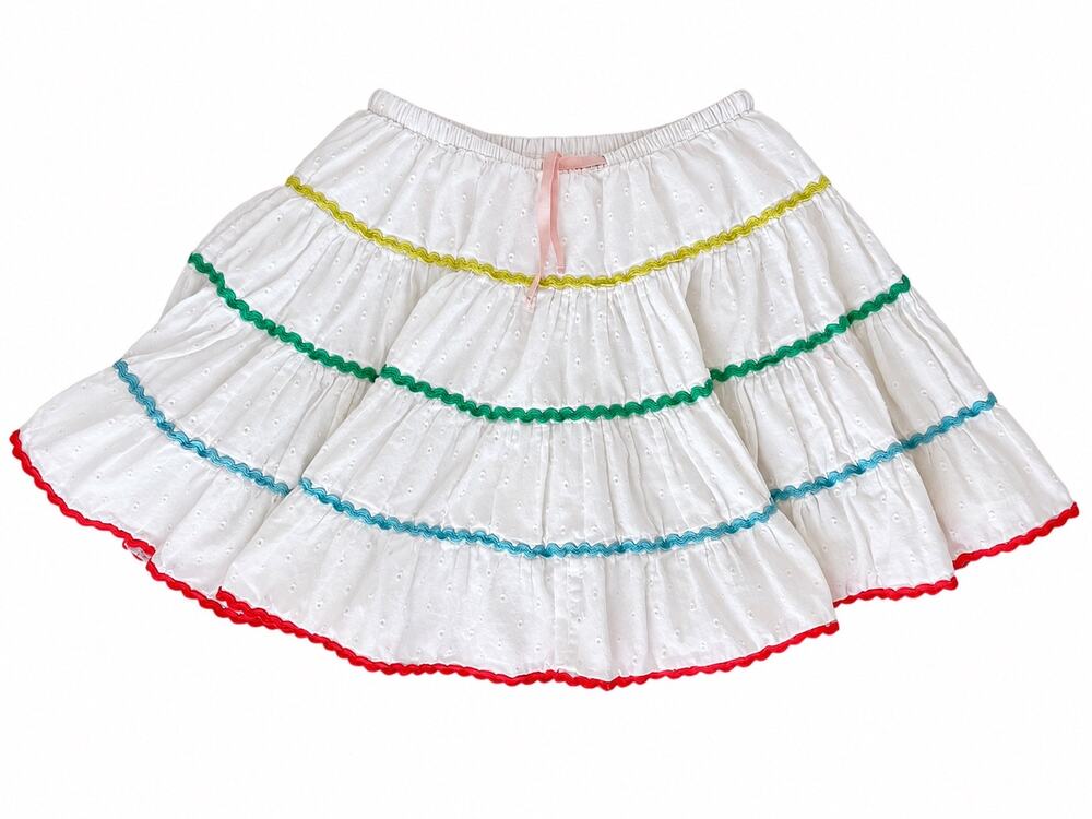 Mini Boden Girls White Eyelet Tiered Skirt with Rainbow Ric-Rac Trim 3-4Y